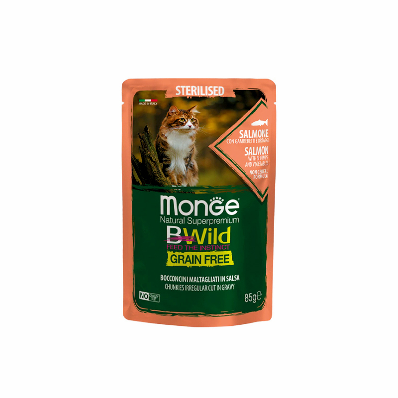 پوچ گربه عقیم مونژ مدل بی‌وایلد طعم ماهی سالمون و میگو Monge Bwild Sterilised Cat Pouch Salmon وزن 85 گرم